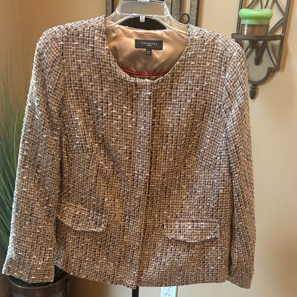 Talbots Tweed Collarless Blazer Gold Tan & Brown